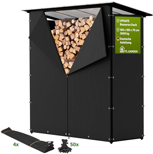 TTL Garden Kaminholzregal XXL 185x70x185cm - Brennholzregal mit Dach & 4x wetterfester Plane für aussen & innen - Metall Stahlrahmen pulverbeschichtet Holzunterstand & Holzlager Wand Garten Terrasse