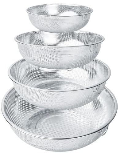 Sieb 4er-Set, Küchensieb Edelstahl Sieb, Edelstahl Perforierte Nudelsieb mit Griffen, Sieb Küche Seiher, Abtropfsieb Edelstahl für Nudeln Reis Obst Gemüse, Spülmaschinenfest, 16cm/22cm/25cm/28cm
