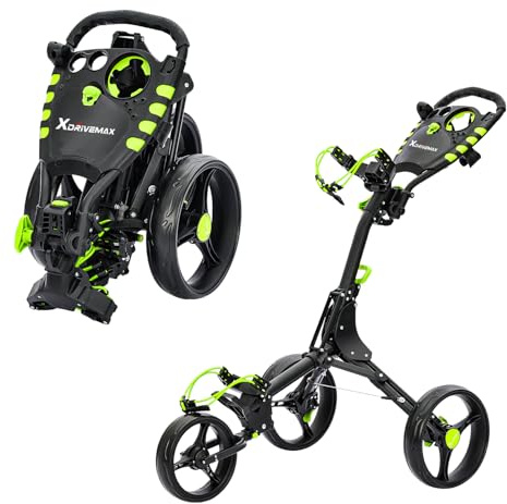 XDriveMax GC408 Folding Golf Push Cart, 3 Wheel Golf Trolley Lightweight Golf Bag Pull Cart Caddy Cart for Golf Clubs and Golf Bag with Cup Holder Scorecard Holder/Storage Compartment(Green)
