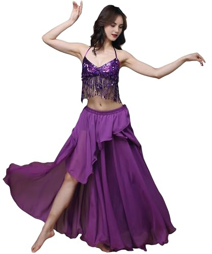 MUNAFIE Jupe longue avec fente - Jupe irrégulière pour femme - Jupe de danse - Costume de danse du ventre, lilas, taille unique