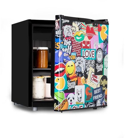Klarstein Cool Vibe - Kühlschrank, Volumen: 48 Liter, VividArt Concept: Tür mit StickerBomb-Comic-Design Print, Eisfach, Geräuschentwicklung: 42 dB, schwarz