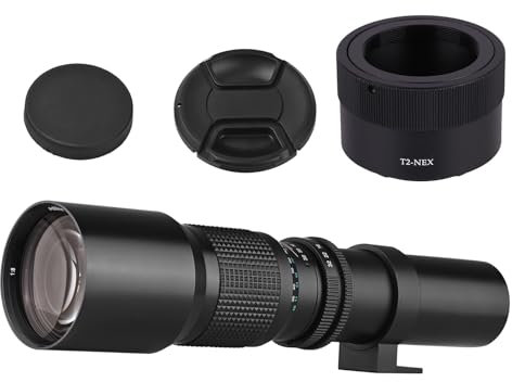 Andoer Lente súper teleobjetivo de 500mm Zoom Manual Apertura F8.0-F32 con Montura en T a NEX Anillo Adaptador con Montura E para cámaras Sony A9 A7 A7R A7S A5000 A6000 A6500 NEX-7 NEX-5 NEX-6