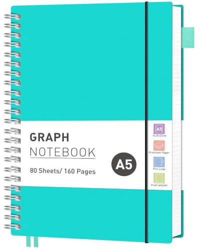 RETTACY A5 Spiral Notebook, Graph Journal, Notepad, 160 Pages, Turquoise | Flexible Plastic Cover Note Book, 5mm per Square, 100 GSM Grid Paper, for School, Students, Math, Engineering - 14.5 × 21 cm
