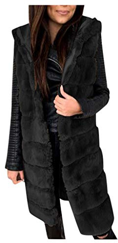 Gilet lungo da donna in pelliccia sintetica, senza maniche, con cappuccio, elegante, in pelliccia spessa, calda, invernale, pelliccia sintetica, Nero , XL