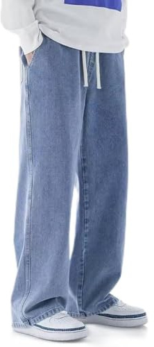 HEIBTENY Fashion Baggy Trousers, Streetwear Wide Leg, Men Straight Jean, Neutral Pants (M Light Blue)