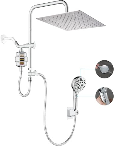 GwernKB Dual Shower Head with Filter Combo,Stainless Steel 10in Rainfall Showerhead with 10in Height Adjustable Slide Bar&3-Way Diverter,Handheld Shower Head with On Off Switch&Adhesive Shower Holder