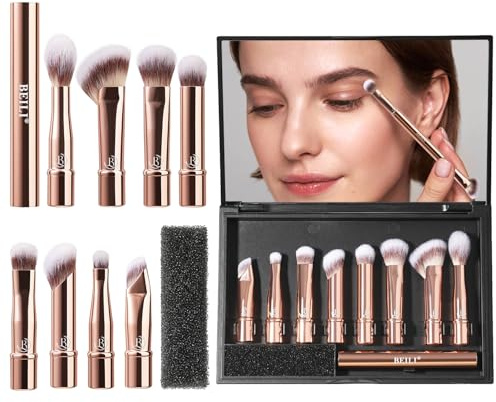 BEILI Travel Eye Makeup Brushes Set 8pcs Removable Double Sided Makeup Brush with Mirror Box & Removal Cleaner Sponge (Rose Gold)