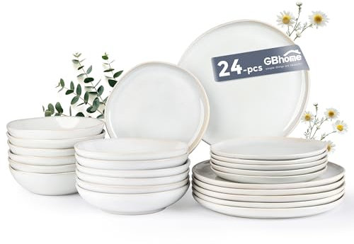 GBhome Stoneware Dinner Sets for 6 People, 24 Pieces Handcrafted Plates and Bowls Set, Scratch Resistant Dinnerware Set, Oven, Dishwasher & Microwave Safe Crockery Set, Beige