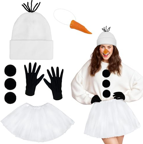 Ueyben - Juego de disfraz de muñeco de nieve con falda tutú, pompones, nariz de zanahoria, guantes, accesorios de muñeco de nieve para mujer, Navidad, cosplay