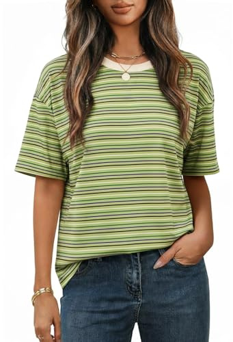 Cuptacc Haut Femme La Maison Demi-Manche Col Rond Décontracté T-Shirt Légère Doux Estivales À Rayure Basique Grande Taille Chemisiers Femme Vert Violet XXXL