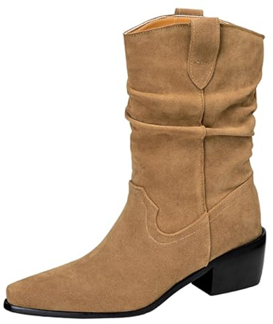 CuteFlats Botines para mujer con aspecto arrugado | tacón de bloque de 5,5 cm, diseño sin cordones con suave piel sintética para el trabajo y el día a día, caqui, 45 EU