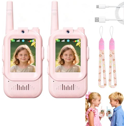 Talkie Walkie Enfants avec Vidéo & Caméra HD, Talkie-Walkie Rechargeable USB (650mAh), 4 Modes de Voix Changée, Portée 100-400m, Cadeau pour Garçons/Filles (Rose x2)