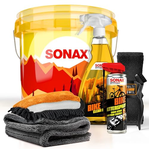 Bicycle Cleaning Set | Sonax Bike Cleaner 1L + Chain Spray + Chain Brush + Wash Bucket + Wash Glove + Dry Cloth | Bicycle Care Set | Cleaning Set for E-Bike Mountain Bike Road Bike