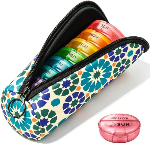 Portable Round Pill Box with Zipper Pouch, Navy Moroccan Travel Pill Organiser for Tablets, Vitamins, Capsules and Supplements, Compact Medicine Case