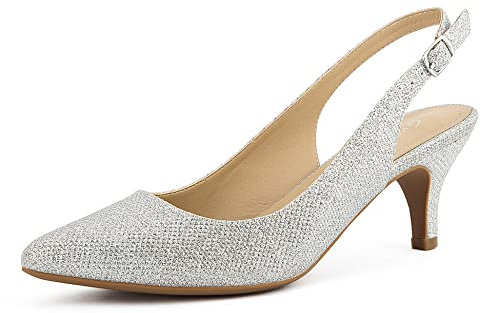 Greatonu Pointed Toe Sandals Slingback Kitten Heel Pointed Toe Pumps Silver