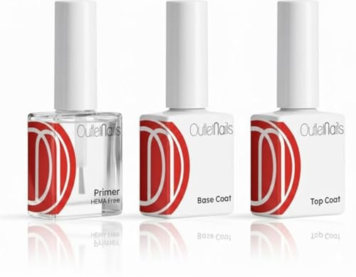 Lot Base UV 15 ml + Top Coat 15 ml + primer sans acide 15 ml - Idéal pour vernis permanent/semi-permanent - Outlet Nails