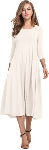 HOTOUCH Women's Long Sleeve Midi Dress Empire Waist Pleated Maxi Dress (White L)