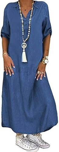 shownicer Robe Jean Été Femme De Plage Rétro Denim Robes Col V Casual Tuniques Ample Chemise Longue Chemisier en Jean Maxi Robe B Bleu Clair XS