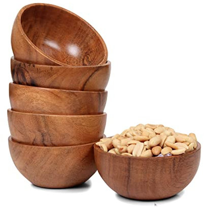 LAVAUX DESIGNS Set mit 6 kleinen Dessertschalen aus Akazienholz, 10 x 5 cm| 235 ml Fassungsvermögen| Verwendung für Dips, Beilagen, Gewürze, Nüsse, Eiscreme, Snacks, Saucen, Dips| Charcuterie-Zubehör