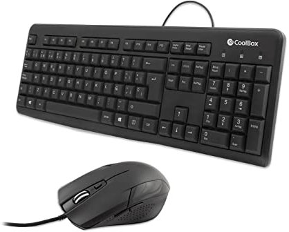 CoolBox COO-KTR-01U - Pack de Teclado y Ratón con Cable, Distribución ISO Española, Cable de 1.5m, Teclado Silencioso y Resistente a Salpicaduras, Ratón con DPI1600 Ajustable. Negro