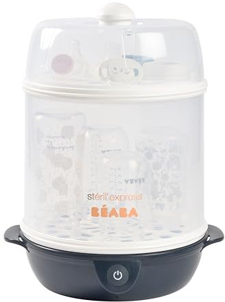 BÉABA, 2-in-1-Flaschensterilisator, Skalierbar, Elektrisch mit Dampf, 2 in 1, 2 Fächer, Bis zu 8 Flaschen & Zubehör, Ultra schnell, Zeitschaltuhr, Steril'Express, Night Blue