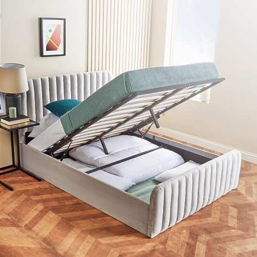 Ottoman Bed Frame King Size | Storage Bed 5ft | Luxury Padded Velvet Upholstered Bed With Storage Grey (No Mattress, King Size)