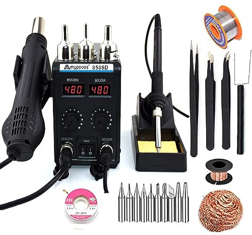 MYPOUOS 8586D 110V Solder Station, 2 in 1 LCD Dual Digital Display SMD Hot Air Gun Rework Station and Soldering Iron,750W