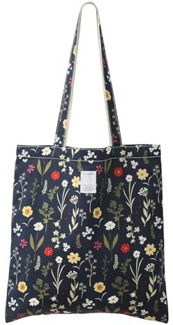 Dizdvizd Tote Bag, Canvas Shopper Tasche Floraler Druck Umhängetasche Handtasche Beuteltasche Stofftasche für Damen Mädchen, Arbeit Reisen Strand Dating Schule Alltag-Marine Blau