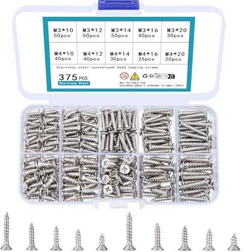TOOINKCV 375 Pièces M3 M4 Vis à tête plate Autotaraudeuse en acier inoxydable, Ensemble de vis à cruciforme, Kit de vis pour plastique, bois, métaux non ferreux