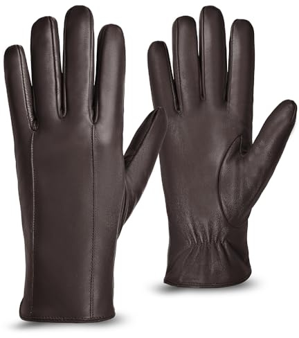 Guantes de Piel para Hombre con Forro de Cachemir Invierno Guantes de Cuero de Oveja,Marrón,XL
