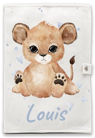 Protège carnet de santé personnalisé - Fermeture pratique à pression, Personnalisable avec texte et cœurs, Flanelle douce et résistante (Lion)