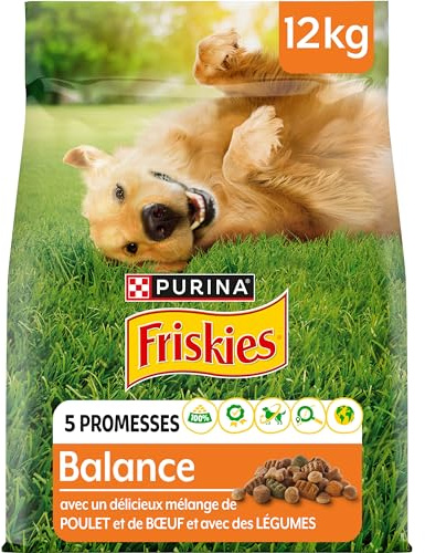 FRISKIES | Balance | Chien | Croquettes pour Chiens Adultes | au Poulet, au Boeuf et Légumes ajoutés | Source de protéines de Haute qualité | Sac | 12 KG