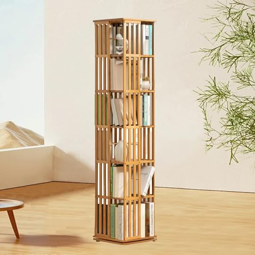 Bibliothèque Rotative en Bambou 5/6 Niveaux à Affichage 360° - Étagères Tournantes en Bois Massif - WoodColor-6Tier