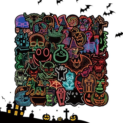 Halloweenneonklistermärken, neonhalloweenklistermärken, 50 x läskiga vattenflask-klistermärken, självhäftande Halloween-klistermärken för festdekorationer, vattentäta laptop-klistermärken,