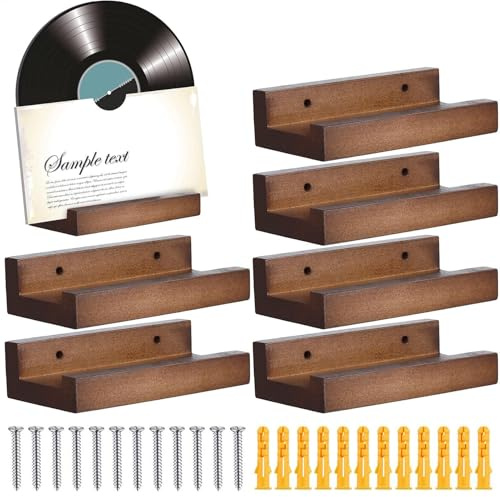 Vuggdt Väggmonterad hylla för träskiva | 6 delar vinyl väggmonterat visningsstativ | rustik träskiva displayhållare | vintage väggkonst förvaringsställ för skiva, bok, album