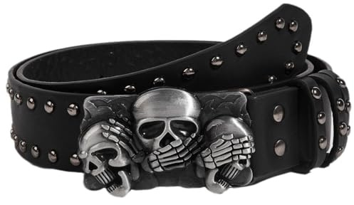 RSGMU Mens Belt Leather Skull Buckle Belt Waist Band Jeans Decorative Punk Belt Black Studded Belts for Men Y2k Skull Belts (Black,Fit waist 26.8-37 inch)