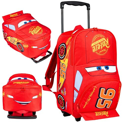 Disney Cars Rucksack Kinder mit Rädern 25L, 2-in-1 Lightning McQueen Trolley Rucksack, Leicht Kleine Tasche mit Ausziehbarem Griff, Geschenke Kinder (Rot Lightning Mcqueen)