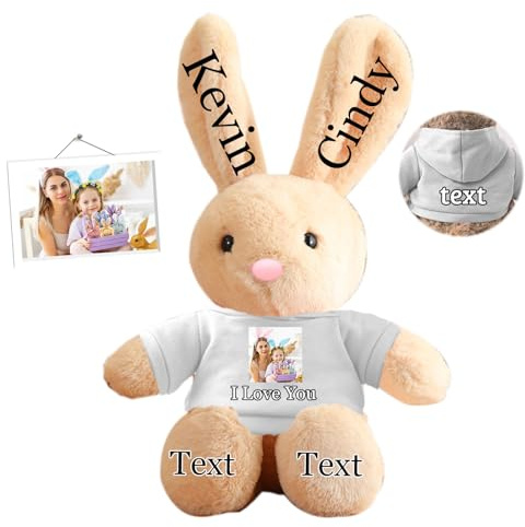 DRAJOIN Peluche Lapin Personnalisée, Lapin en Peluche Personnalisé avec Photo et Nom, Cadeau de Pâques pour Filles, Garçons, Enfants et Adultes, 35 cm