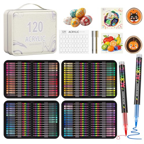 TrendGate 120+2 Couleurs Feutre Acrylique, Marqueur Peinture Acrylique Pinceau Pour Papier, Verre, Galet, Métal, Plastique, Bois, Oeuf, Céramique, Textile