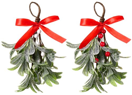 JTYKUYR 2 PCS Mistletoe Christmas Decor,Artificial Mistletoe Christmas Decor Hanging, Hanging Ornament Glitter Leaf for Doorway Tree Decor&Couple