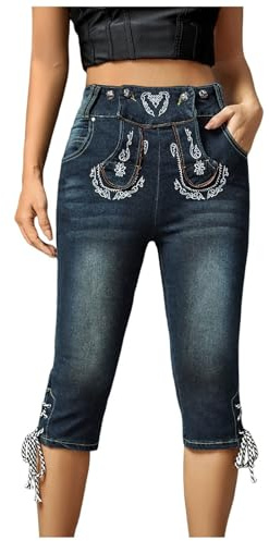 Gefomuofe Trachtenhose Damen Jeans Oktoberfest Knielang Trachtenjeans Große Größen 3/4 Capri Trachten Jeans Stretch Dreiviertel Hose 7/8 High Waist Slim Fit Jeanshose