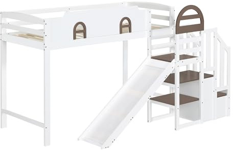Lit Superposé Enfant avec Toboggan Amovible et Escalier Sécurisé - 2 Casiers Intégrés, Fenêtre Design, Structure en Pin/MDF Blanc & Brun - 90x200 cm - Rangement Polyvalent pour Chambre d’Enfants