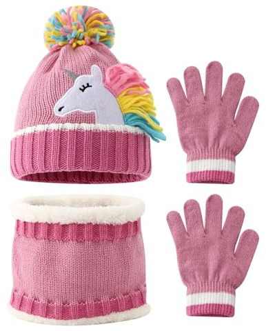 Enfant Bonnet Écharpe Gants Ensemble, Fille Hiver Chaud Tricoté Chapeau avec avec Motif Licorne et Pompon Doux Polaire Doublure Tour de Cou, Accessoires Hiver Set pour Fille 3-7 Ans