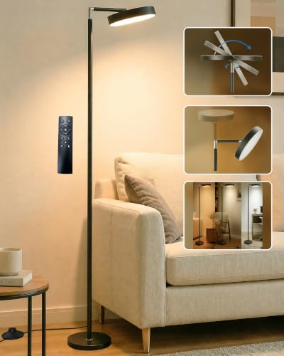 Harnyles LED Floor Lamp Dimmable: 163cm Tall Standing Lamp with Remote Control, Timer and Memory Function, Plug-in 350° Rotatable Uplighter Floor Lamp for Living Room Bedroom Corner, Black
