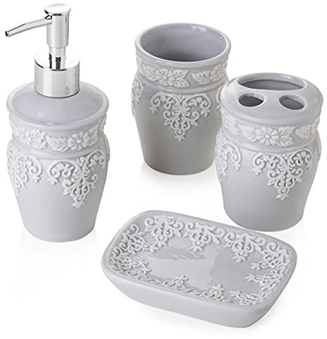 Baroni Home Set in Ceramica Accessori da Bagno, Include Dispenser, Portaspazzolino, Bicchiere e Portasapone Bassorilievo Set 4 Pezzii Grigio Chiaro