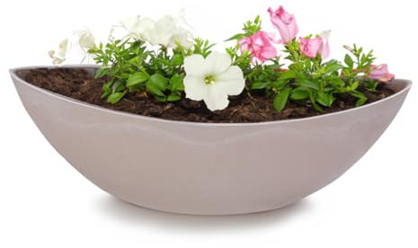 matches21 HOME & HOBBY Ovale Pflanzschale für draußen - große Schiff Deko-Schale in Sand grau marmoriert als Blumen-Topf Pflanztopf - 39 cm Jardiniere für Garten Balkon oder Friedhof als Grab-Schmuck