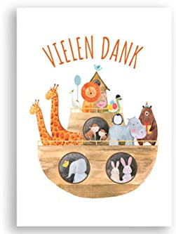 Friendly Fox 12 Dankeskarten Arche, Dankeschön Karten mit Arche Noah Motiv, DIN A6 Klappkarte mit Umschlag aus Kraftpapier