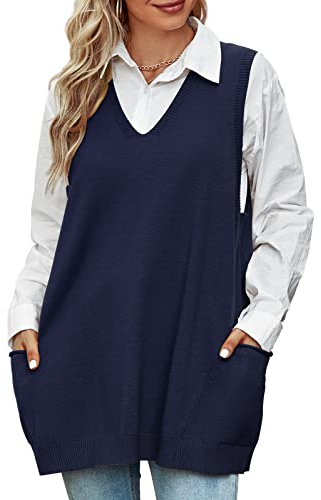 Xnova Gilet Smanicato Donna, Maglioni Senza Maniche in Maglia Scollo a V Chic Vintage, Maglione Canotta con Doppie Tasche (Blu Navy, XL)