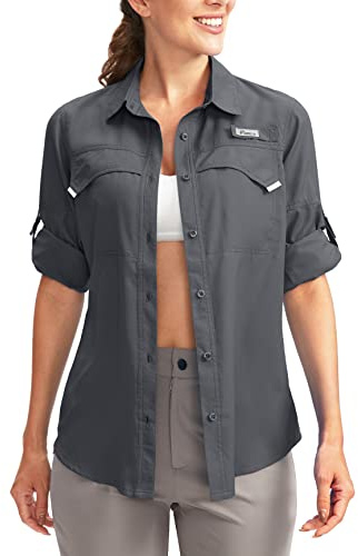 Pudolla Women's UPF 50+ UV Sun Protection Shirts Long Sleeve Fishing Hiking Shirt Cool Lightweight Travel Safari Shirts Dark Grey S