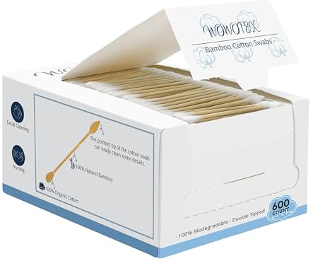 WOWOTEX Bamboo Cotton Swabs 600 Count/1 Box, One Pointed Tip and One Rounded Tip, Biodegradable Cotton Buds with Organic Bamboo Sticks, for Ear Wax Removal, Draw the Eyeliner, Nail Polish Touch-ups